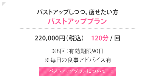 バストアップしつつ、痩せたい方 バストアッププラン 220,000円(税込) 120分 / 回 ※8回：有効期限90日 ※毎日の食事アドバイス有
